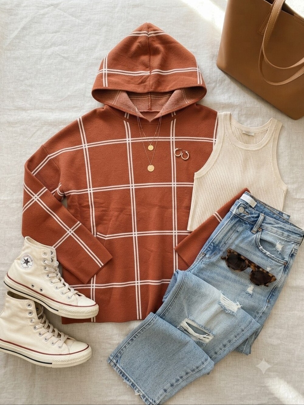 Rachel Roy Orange White Plaid Stripe Hooded Knit Sweater
